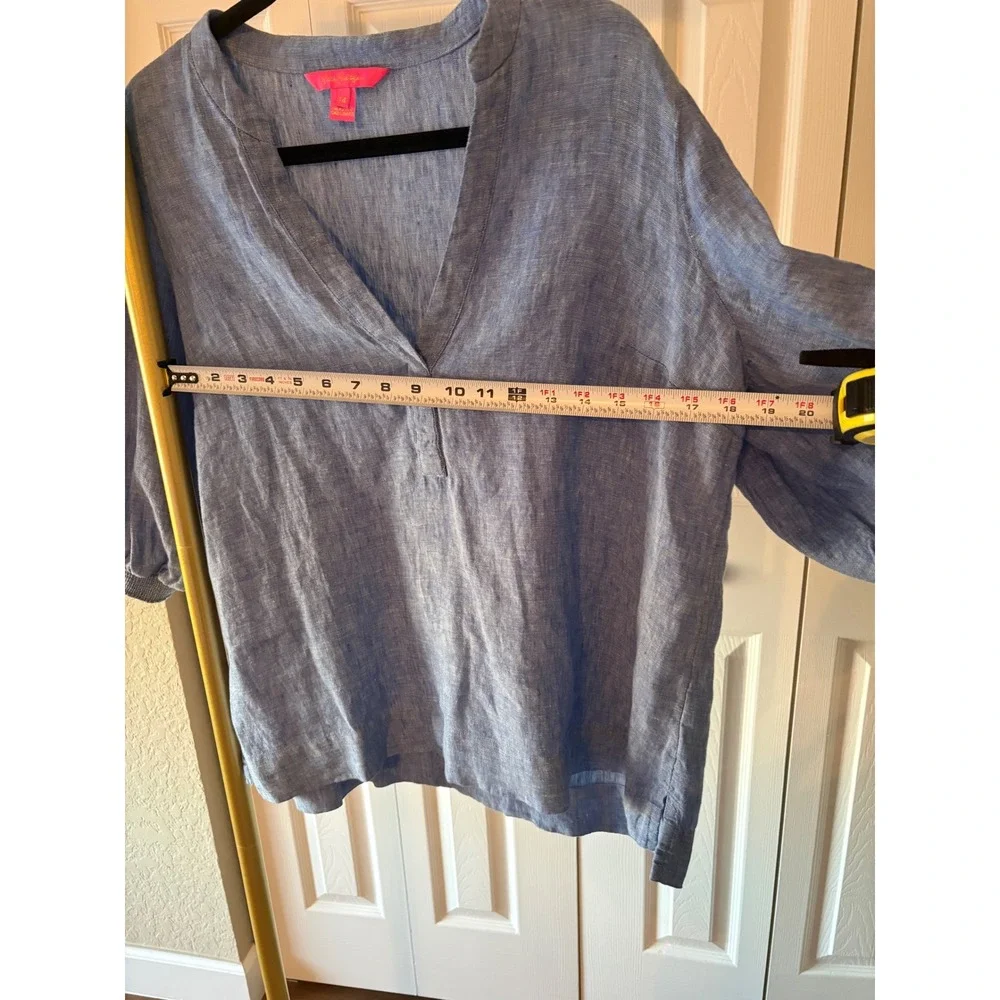 Lilly Pulitzer Blue 100%‎ Linen Tunic Blouse Puff Sleeve V-Neck Top Size 14
